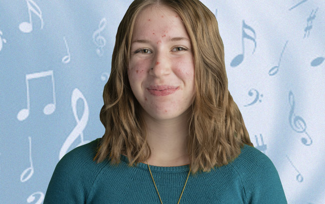 A student being superimposed in front of a blue background showing musical notes.