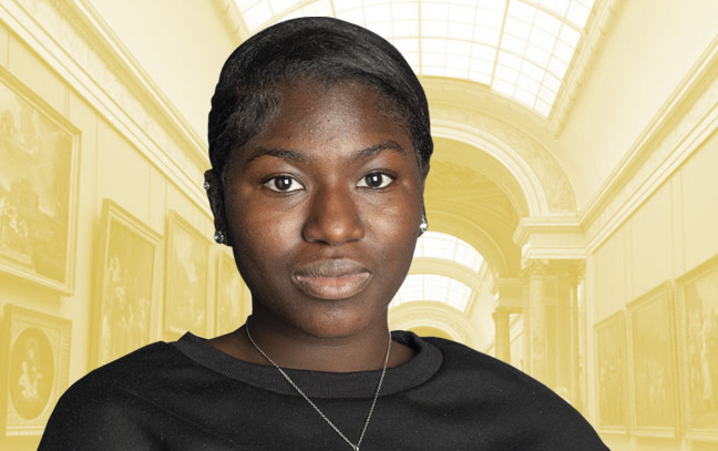 a female student superimposed over a yellow backdrop of a museum corridor