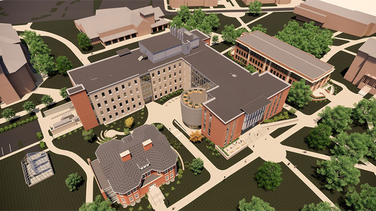 An architect's rendering shows an aerial view of Kopchick Hall facing the Oak Grove, with Wilson Hall at left and McElhaney at right.