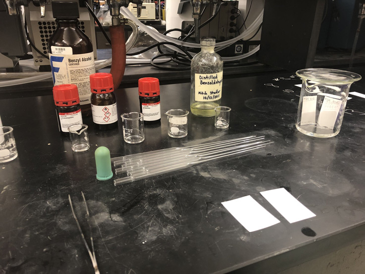 chemicals and equipment on a lab table