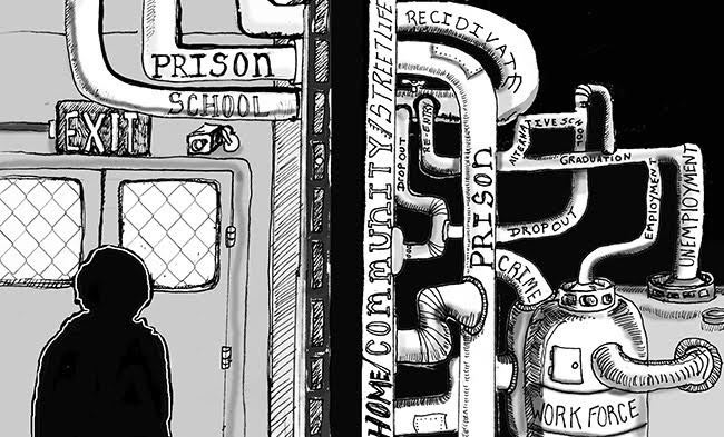 an ink drawing cartoon representing a school/prison pipeline