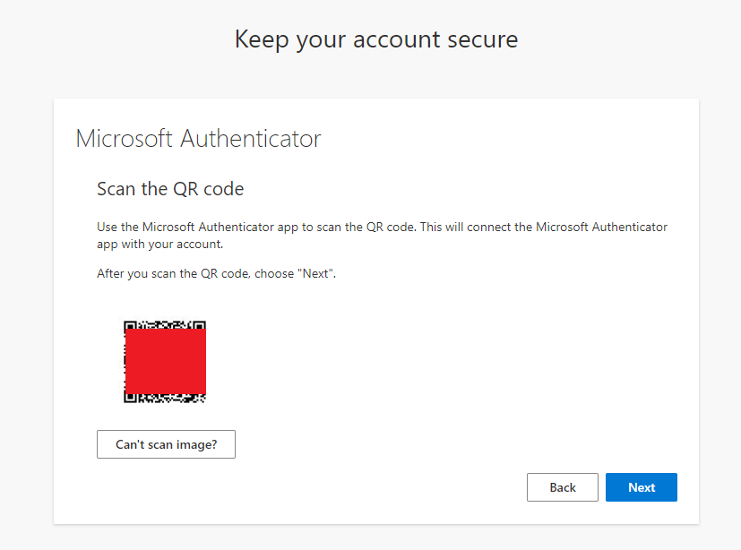 On the "Scan the QR code" page, scan the QR code with the Authenticator app on your phone.
