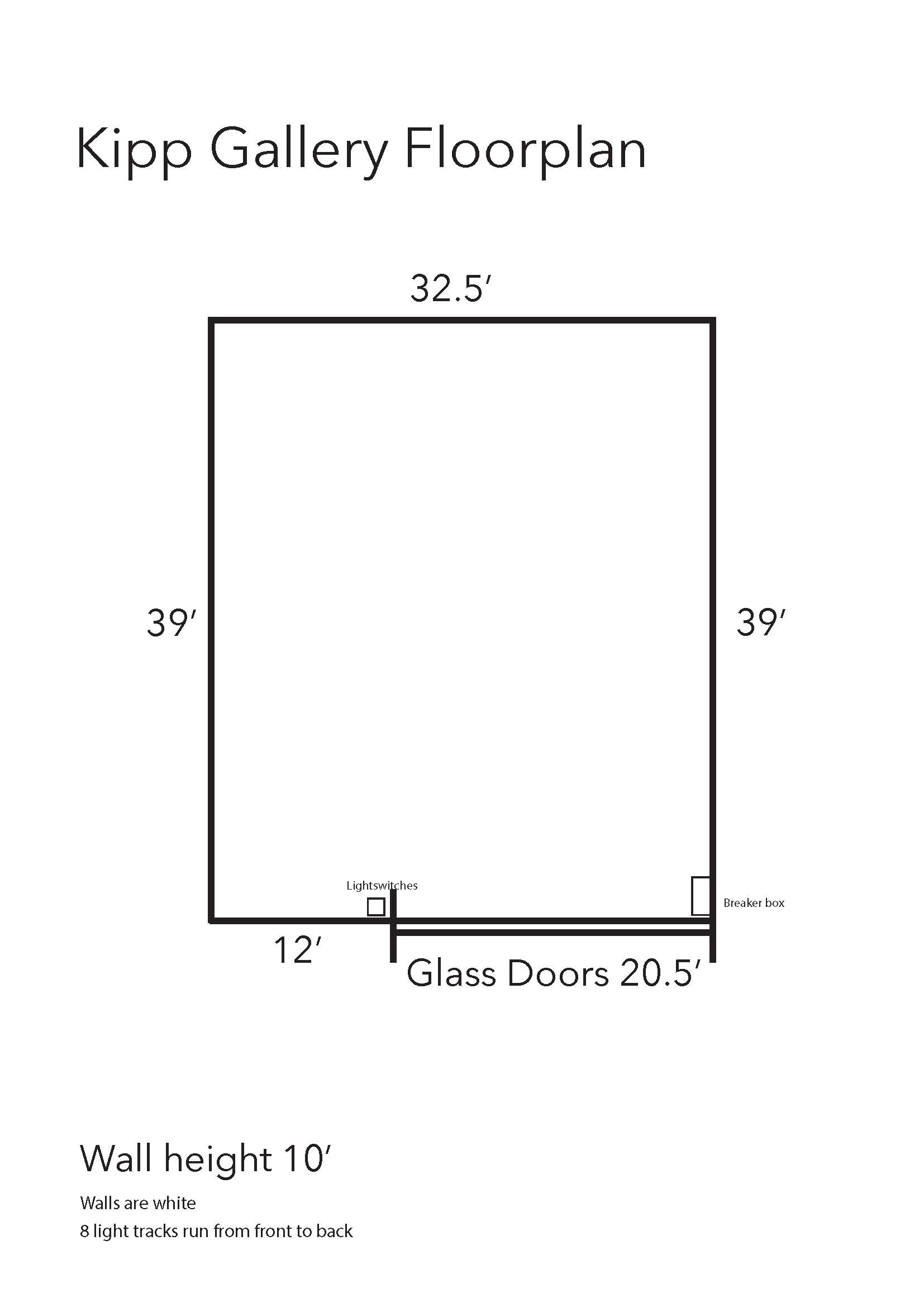 Floorplan of gallery with walls 39x32.5'. Walls are white and 10' tall.