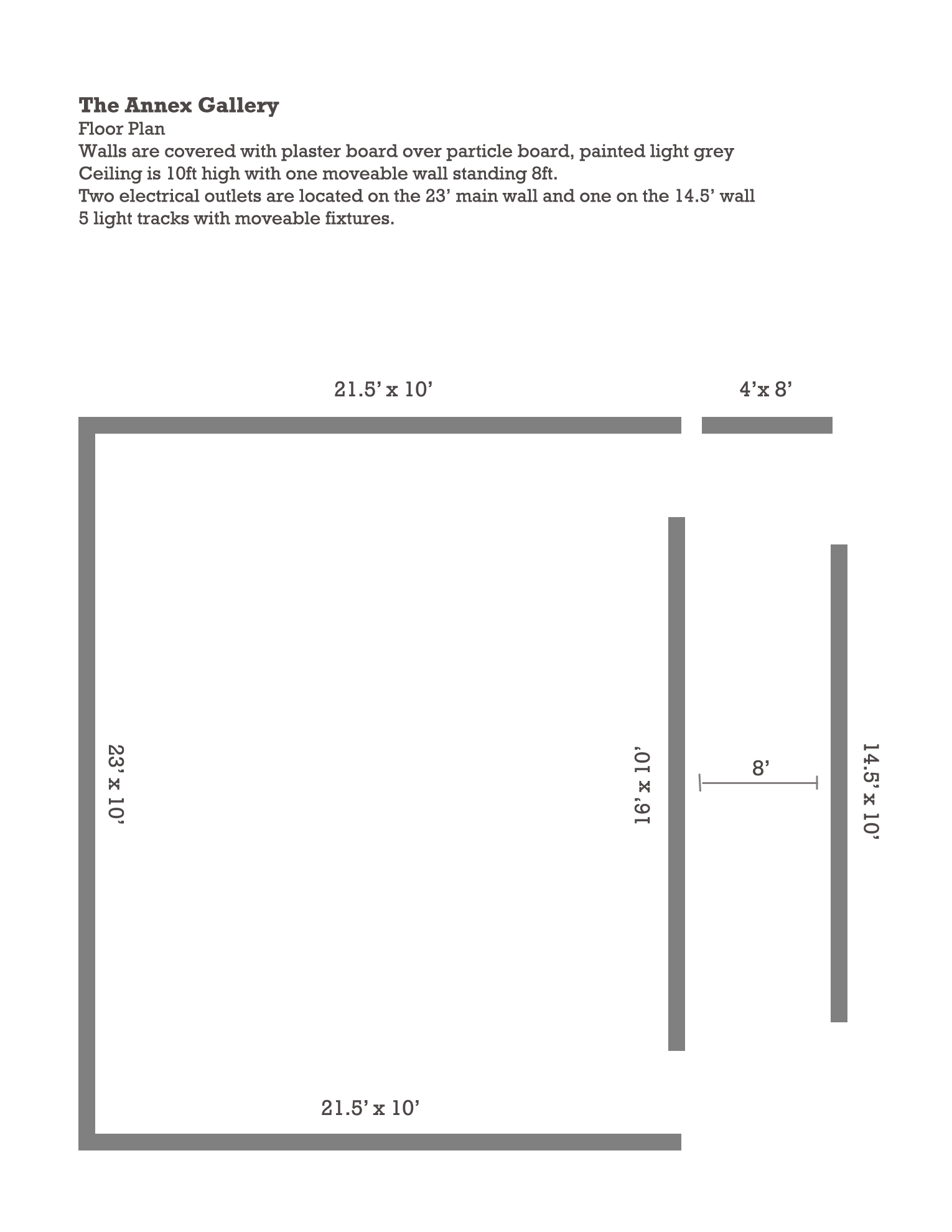 Floor plan of gallery with walls 21.5x23'. Walls are grey and 10' tall. 