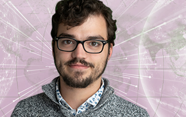 a male student superimposed over a magenta backdrop containing a map