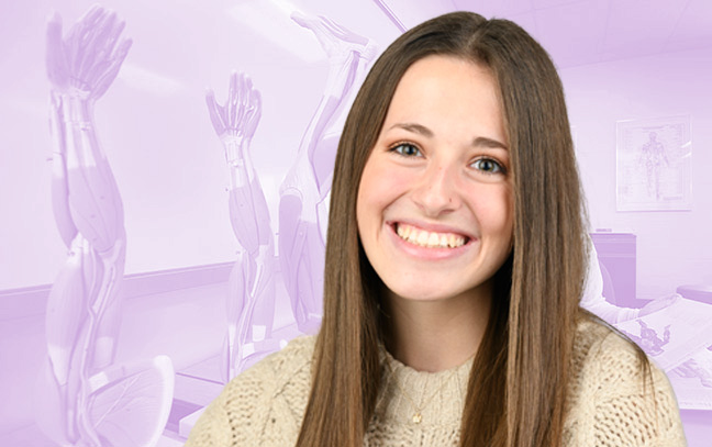 A student being superimposed in front of a magenta background showing a room with what looks to be human anatomy figures.