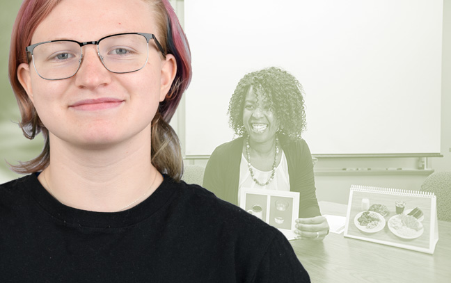A student being superimposed in front of a green background showing a woman holding up pictures of food in a classroom.