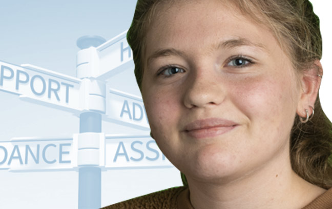 Young adult woman's face superimposed in front of blue background with directional sign