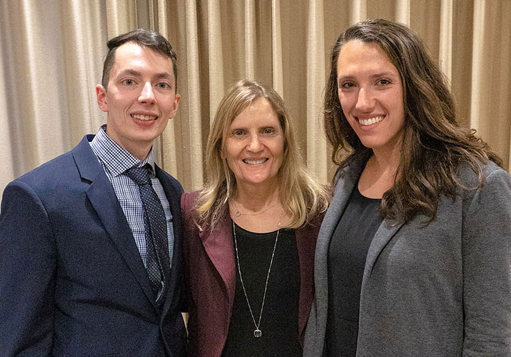The 2022 SAA Recognition dinner, held at the Rustic Lodge in Indiana, featured two alumni speakers: Anthony Maticic ’19, senior consultant, Gleason, on the left; and Jennifer Brand ’17, senior auditor, PPG Industries, on the right. SAA faculty advisor, Kim Anderson, is in the center.