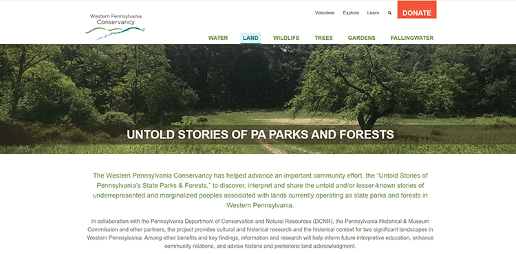 Screenshot of Western Pennsylvania Conservancy Untold Stories website.