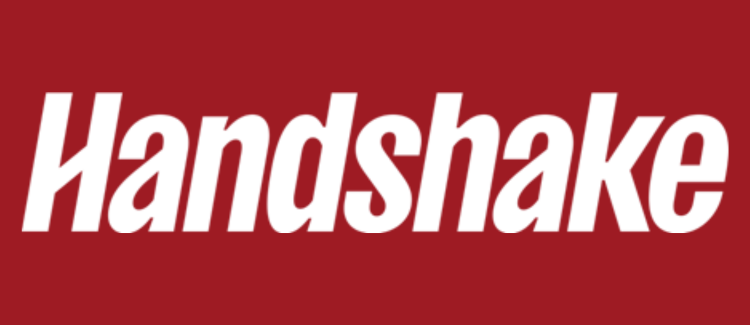Handshake Logo in white on a crimson background