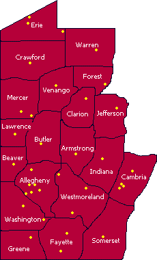 Map of the Service Area for IUP's Center for Career & Technical Personnel Preparation