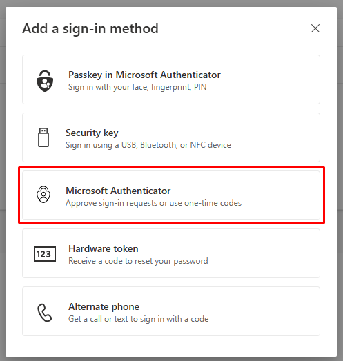 Click Add sign-in method and then Authenticator app