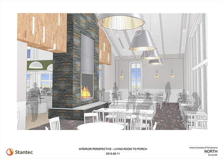 North Dining Facility rendering: interior perspective, living room to porch