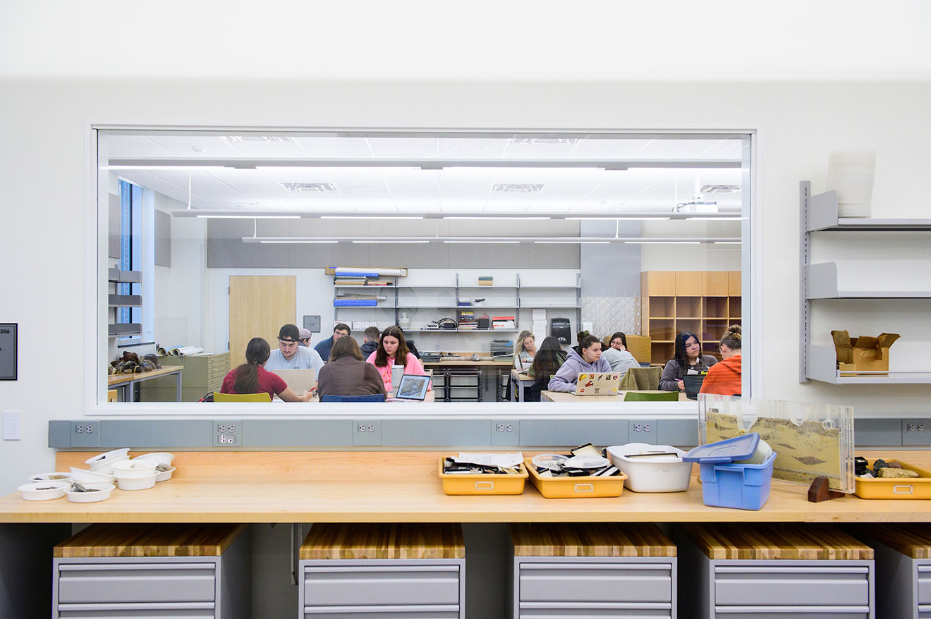 Large windows in classrooms, laboratories, and even offices put science on display throughout the building.