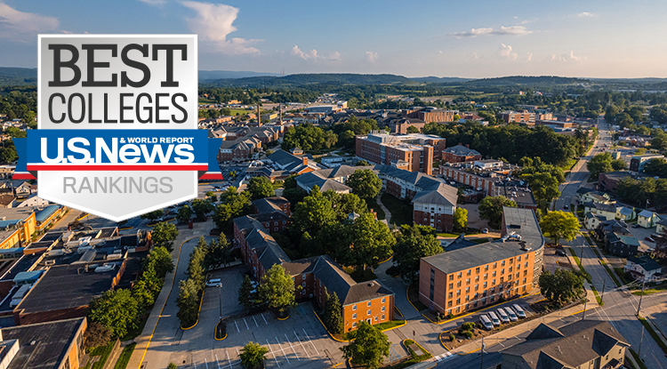 aerial photo of IUP and text on the top left saying Best Colleges US News Rankings