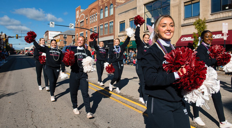 cheerleaders marching in a parade