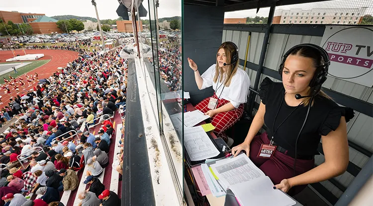 Emily Marines and Riley Yonchiuk in the broadcasting booth calling a football game