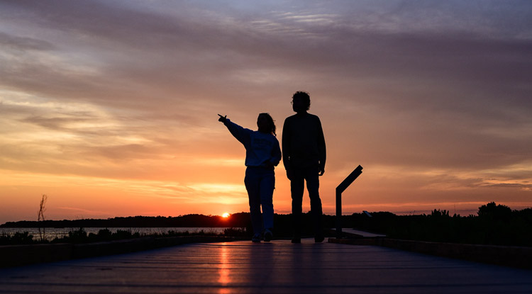 two people standing on a dock facing the water with the setting sun creating a silhouette