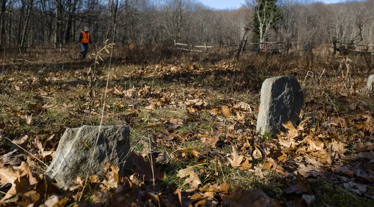 Two old tombstones that look like upright slabs of rock in a field in the fall, with a person walking in the background