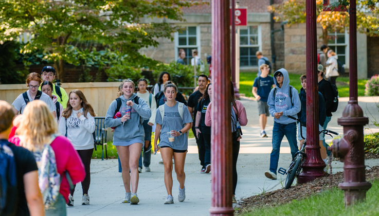 students walking through the Oak Grove between classes