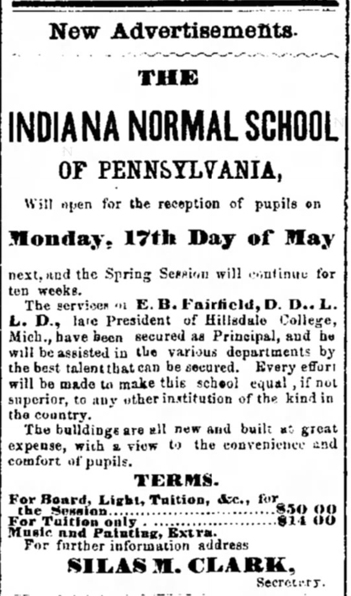 Advertisement in The Indiana Progress from April, 1875