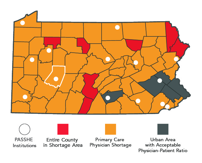 map of pa with locations of passhe institutions and shortage areas