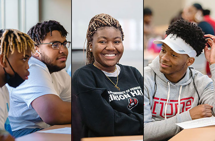 Three photos of IUP students in a meeting room