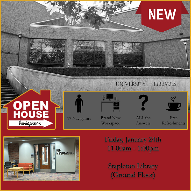 The image is a crimson and grey flyer for the Navigator Open House with a photo of the front of IUP's Stapleton Library at the top and a photo of the glass door to the Navigator workspace with a sign beside the door saying IUP Navigators lower on the page. It lists the same information as the news post as well as a set of four icons with phrases below each icon: a person representing 17 Navigators, a desk with Brand New Workspace, a question mark with ALL the Answers, and a coffee cup with Free Refreshments.