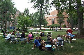 People picnicking in the Oak Grove People picnicking in the Oak Grove