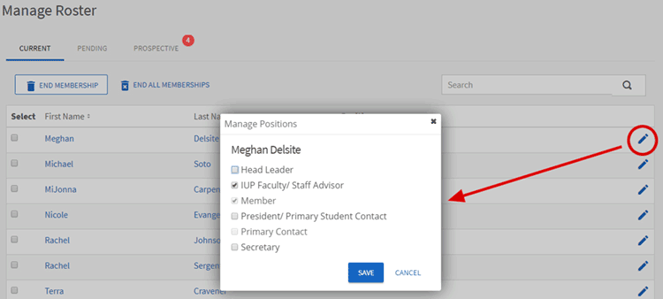 From the organization’s Roster, locate the member you would like to assign an officer position. From the organization’s Roster, locate the member you would like to assign an officer position.