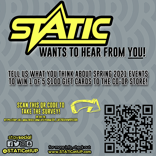This image advertises the Spring 2021 STATIC Event Survey, available via the Qualtrics link included in the main body of the news post.