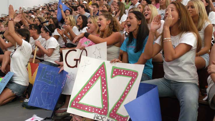 Crowd of Greek students watching an event